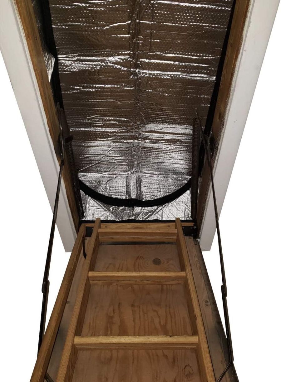 Miloo attic stair cover installed above a pull-down attic stair, zipper flap open
